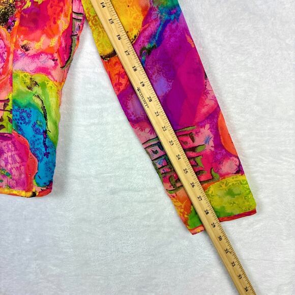Chicos Silk Shirt Womens 0 (S) Pink Sheer Multicolor Abstract Maximalist Art AOP - Picture 7 of 8